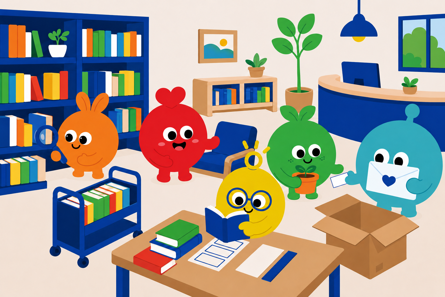 서가와 안내 데스크, 북트럭 사이에서 도서관의 하루를 함께하는 호기심이 심이, 만남이 나미, 발견이 진이, 성장이 새미, 연결이 연이